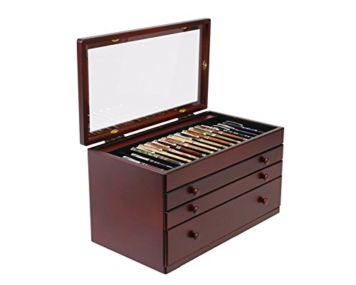 Premium Mahogany Wood Pen Display Case with Glass Top - Holds 46 Pens for Collectors, Writers & Calligraphy Enthusiasts - Perfect for Office Desk, Study Room & Gift Presentation