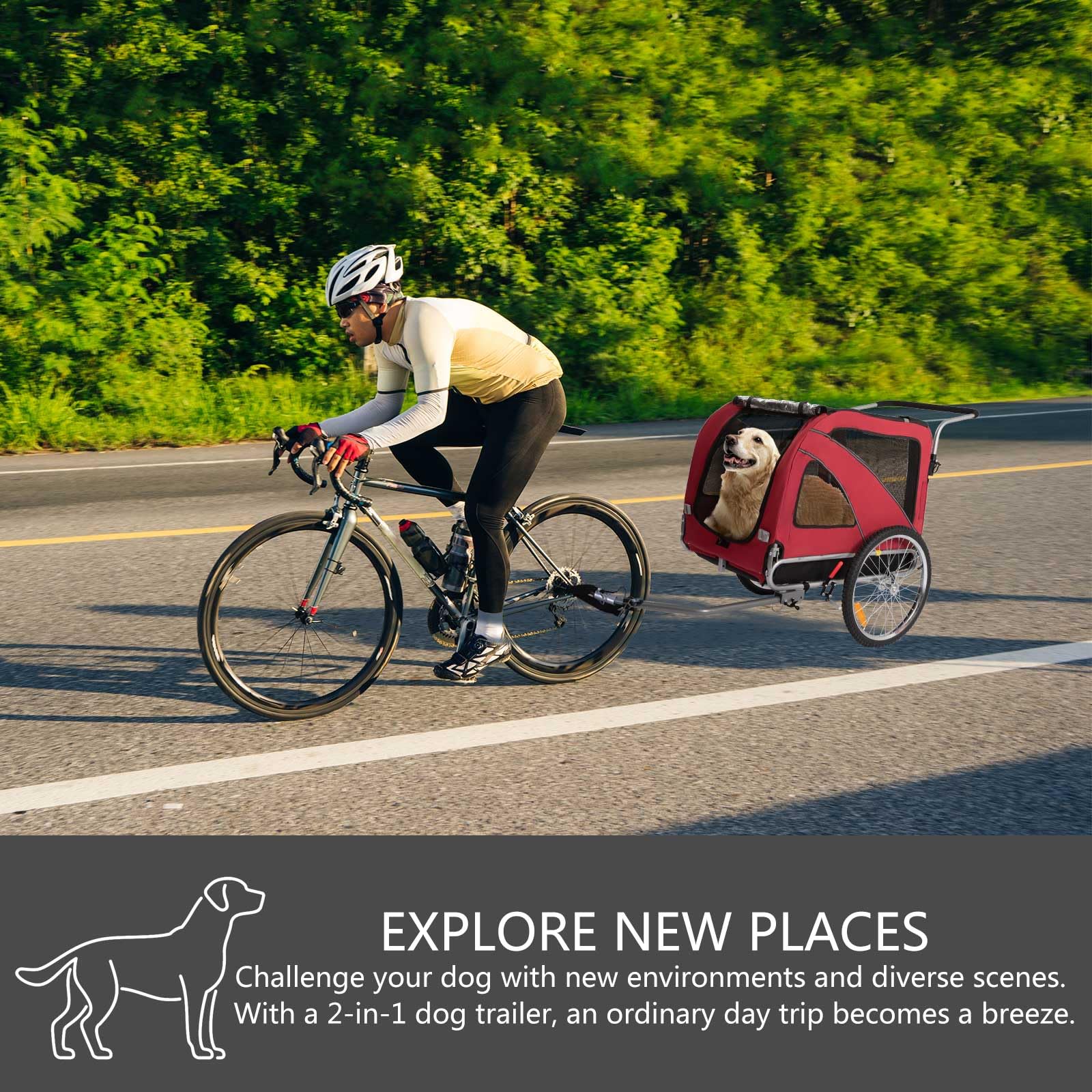 Sepnine 2-in-1 Large Dog Bike Trailer & Pet Stroller - Foldable Frame with Hand Lock Brakes & Universal Bicycle Coupler (Red) - Perfect for Cycling Adventures & Outdoor Walks with Your Dog