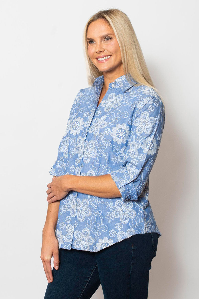 Sno Skins Embroidered Woven Blouse for Women - Elegant Floral Design Casual Shirt - Perfect for Office, Date Night & Spring Outfits