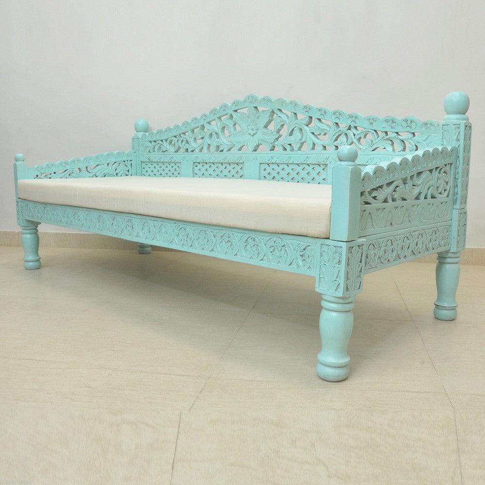 Hand Carved Balinese Daybed - Solid Teak Wood Outdoor Lounge Bed for Patio, Garden & Poolside - Boho Chic Furniture for Relaxing & Sunbathing