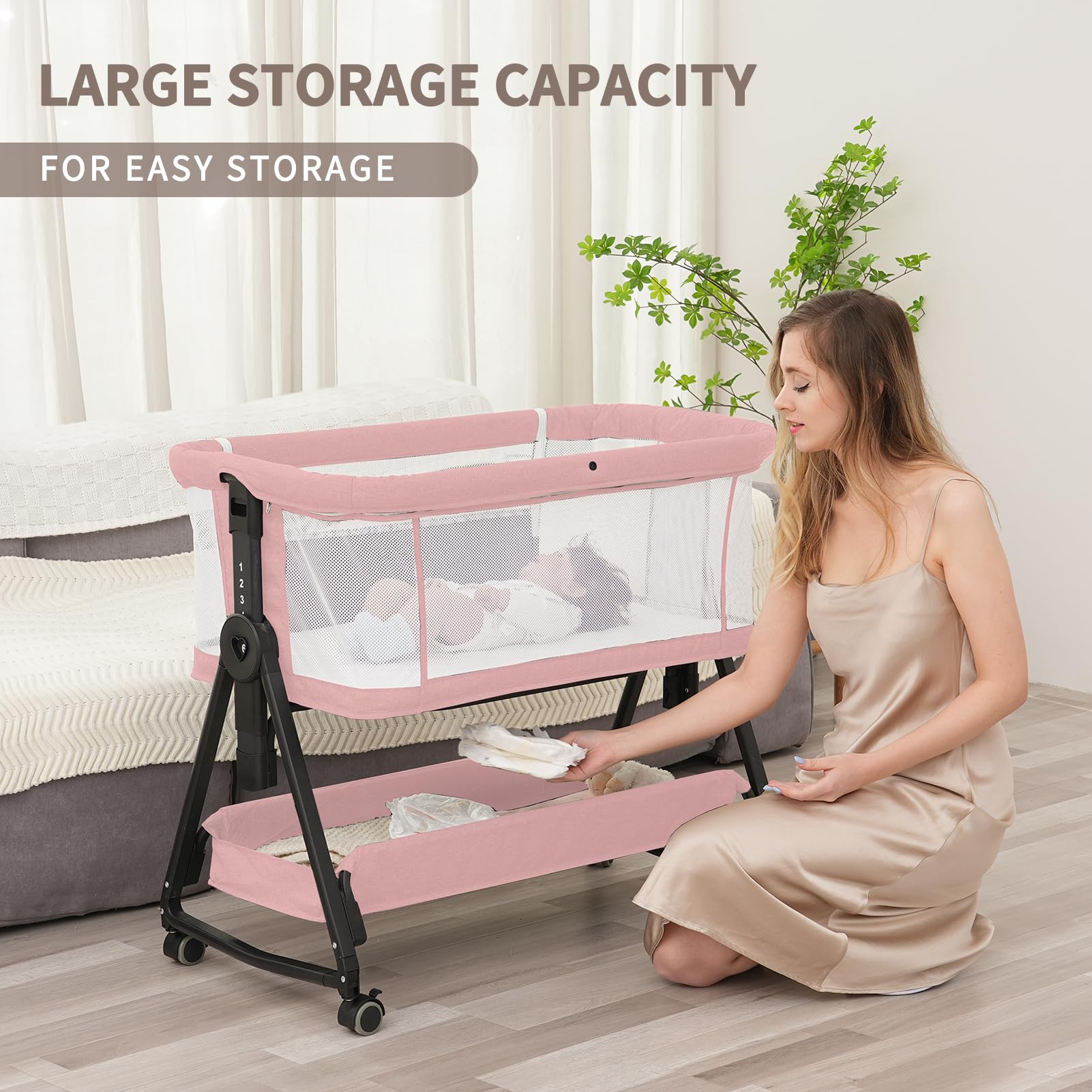 3 in 1 Baby Bassinet with Storage Basket & Wheels - Adjustable Portable Crib for Newborns - Pink Bedside Sleeper with Easy Folding Design - Perfect for Nursery, Bedroom & Travel - Jestonten