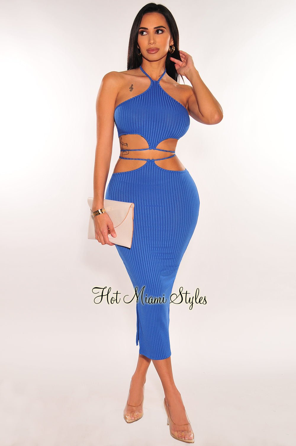 Royal Blue Ribbed Halter Cut Out Tie Up Skirt Two Piece Set - Sexy Summer Outfits for Women, Beach Vacation, Date Night & Party Wear