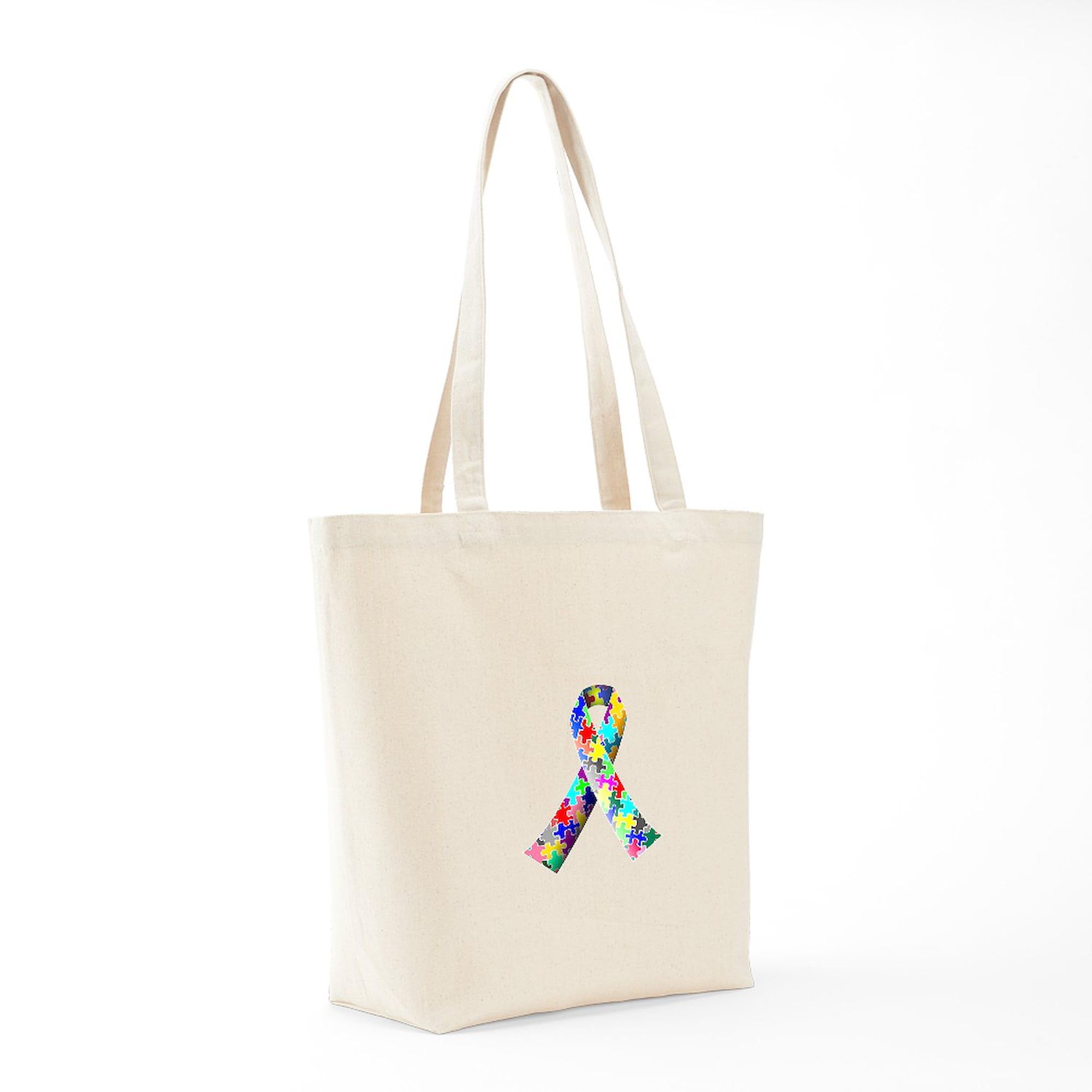 Autism Awareness Puzzle Ribbon Tote Bag - Natural Canvas Reusable Shopping Bag for Groceries, Beach & Daily Use | Support Autism Awareness