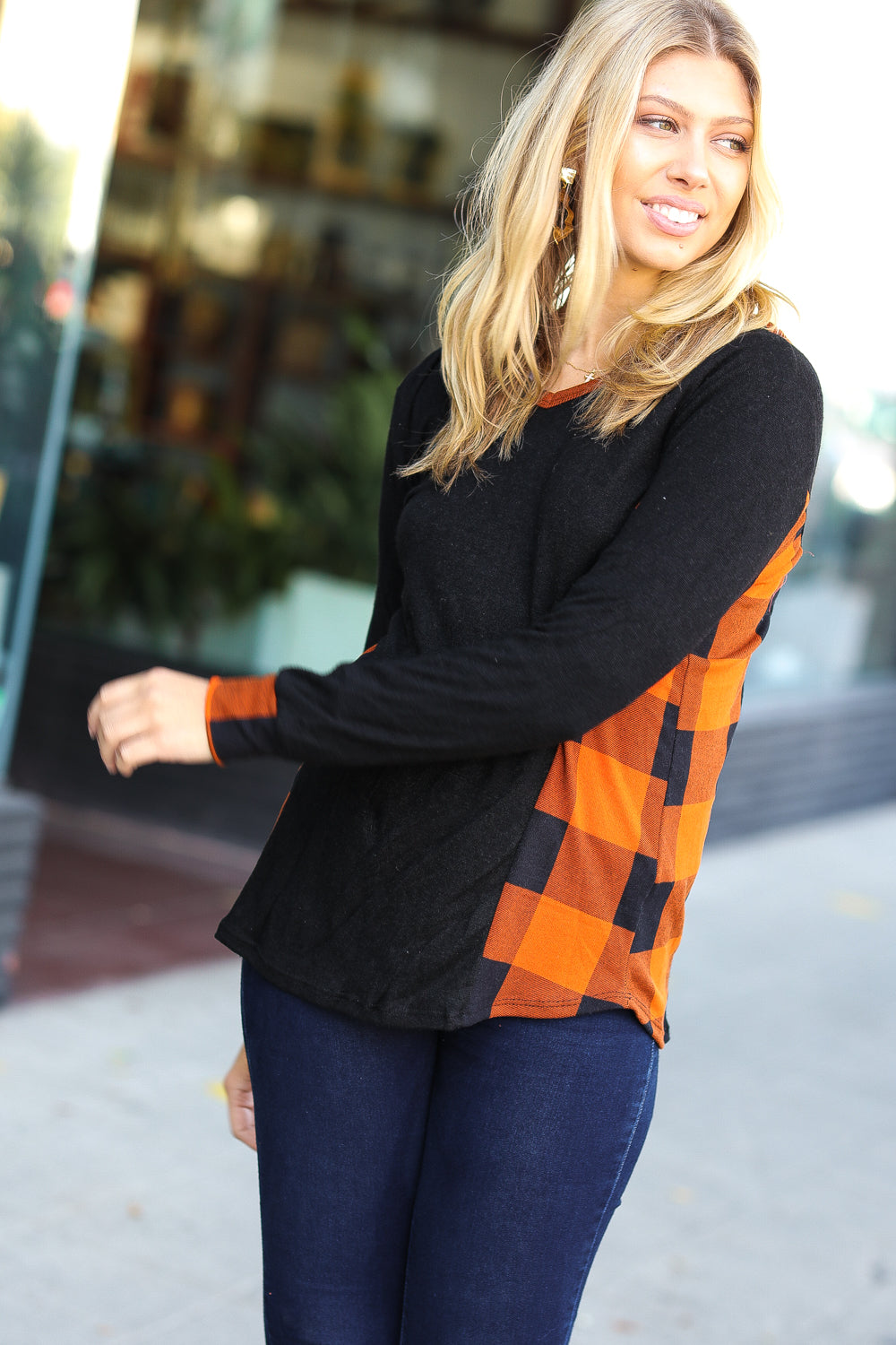 Black & Rust Plaid Hacci Knit Hoodie for Women - Cozy Fall Winter Pullover Sweatshirt - Casual Streetwear Outfit for Daily Wear, Travel & Outdoor Activities