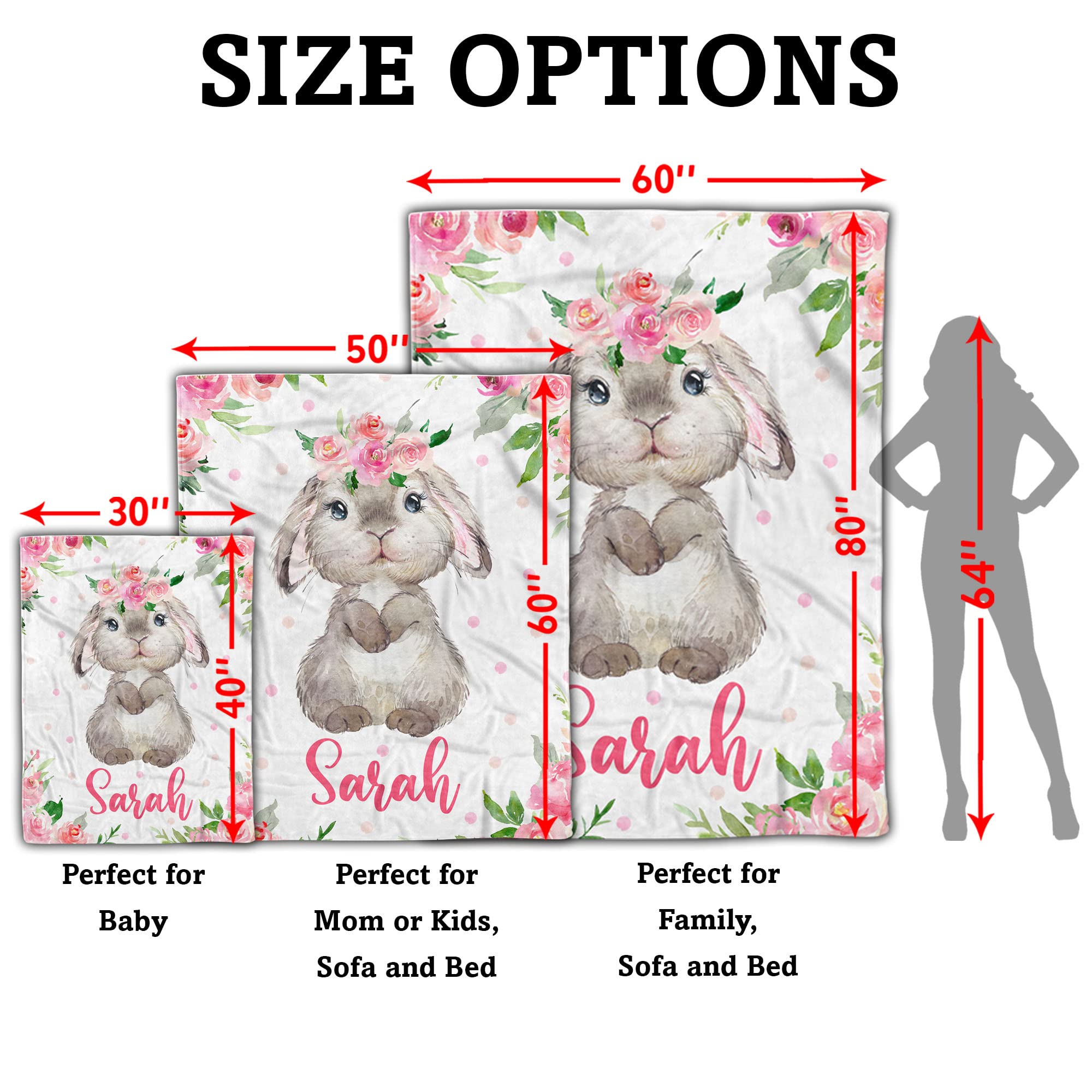 Personalized Baby Blankets for Girls - Custom Bunny Baby Blanket with Name - Soft & Cozy Newborn Blanket - Perfect Baby Shower Gift for Girls, Boys, Infants - Ideal for Nursery, Stroller, Travel & Photo Shoots