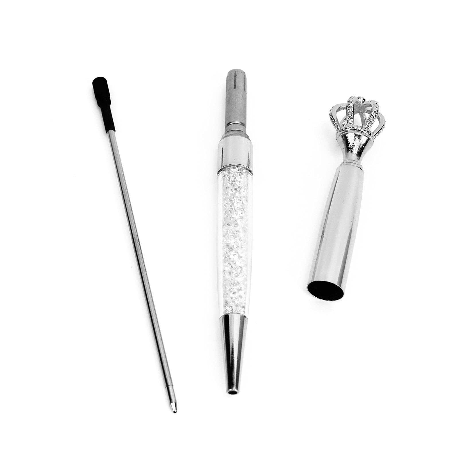 Lobagve 3-Piece Crown Top Ballpoint Pens Set - Bling Metal Ballpoint Pen with Black Ink (1.0mm) - Elegant Office & Wedding Gift for Women, Bridesmaids, Birthday, Christmas - Perfect for Journaling, Note-Taking & Special Occasions - Silver
