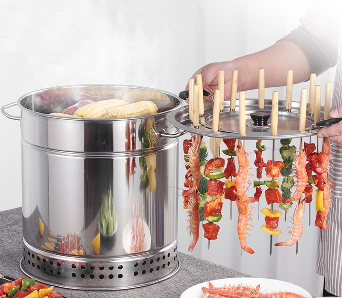 Portable Vertical Charcoal Smoker Grill - 28 Skewers Included - Outdoor & Indoor BBQ Grill for Camping, Backyard, Tailgating - Smokeless Barrel Grill for Perfect Ribs, Chicken & Vegetables