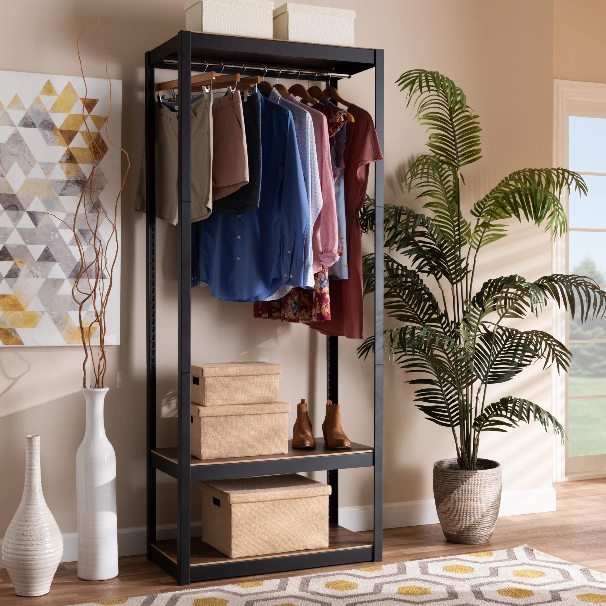 Baxton Studio Closet Storage Organizer - 3-Tier Shelving Unit for Bedroom & Closet Organization, Black/Brown - Perfect for Storing Shoes, Clothes & Accessories