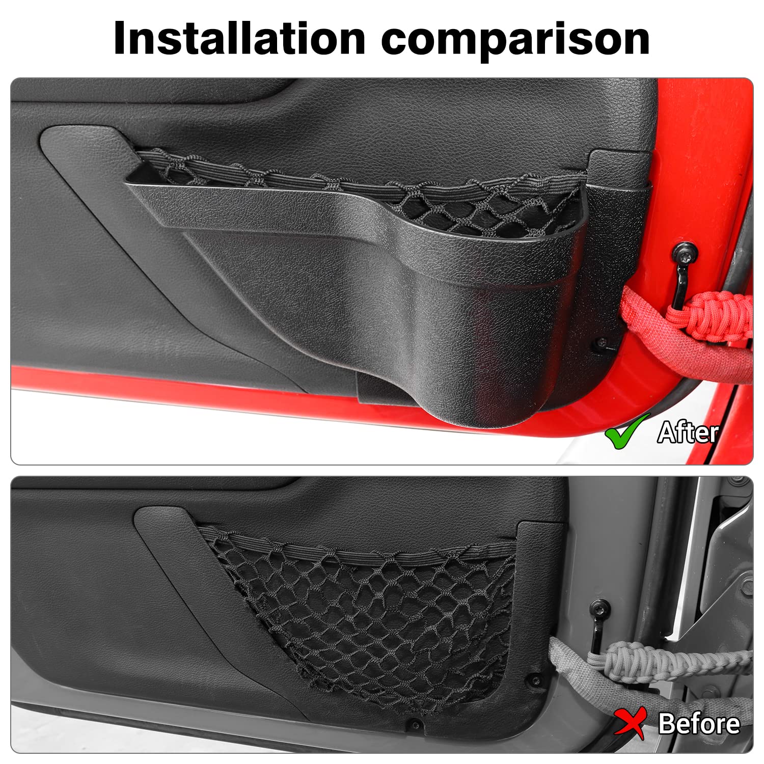 JeCar Front Door Storage Pockets & Net Organizers - Replacement Interior Accessories for Jeep Wrangler JK JKU (2011-2018 Models) - Perfect for Road Trips & Off-Road Adventures