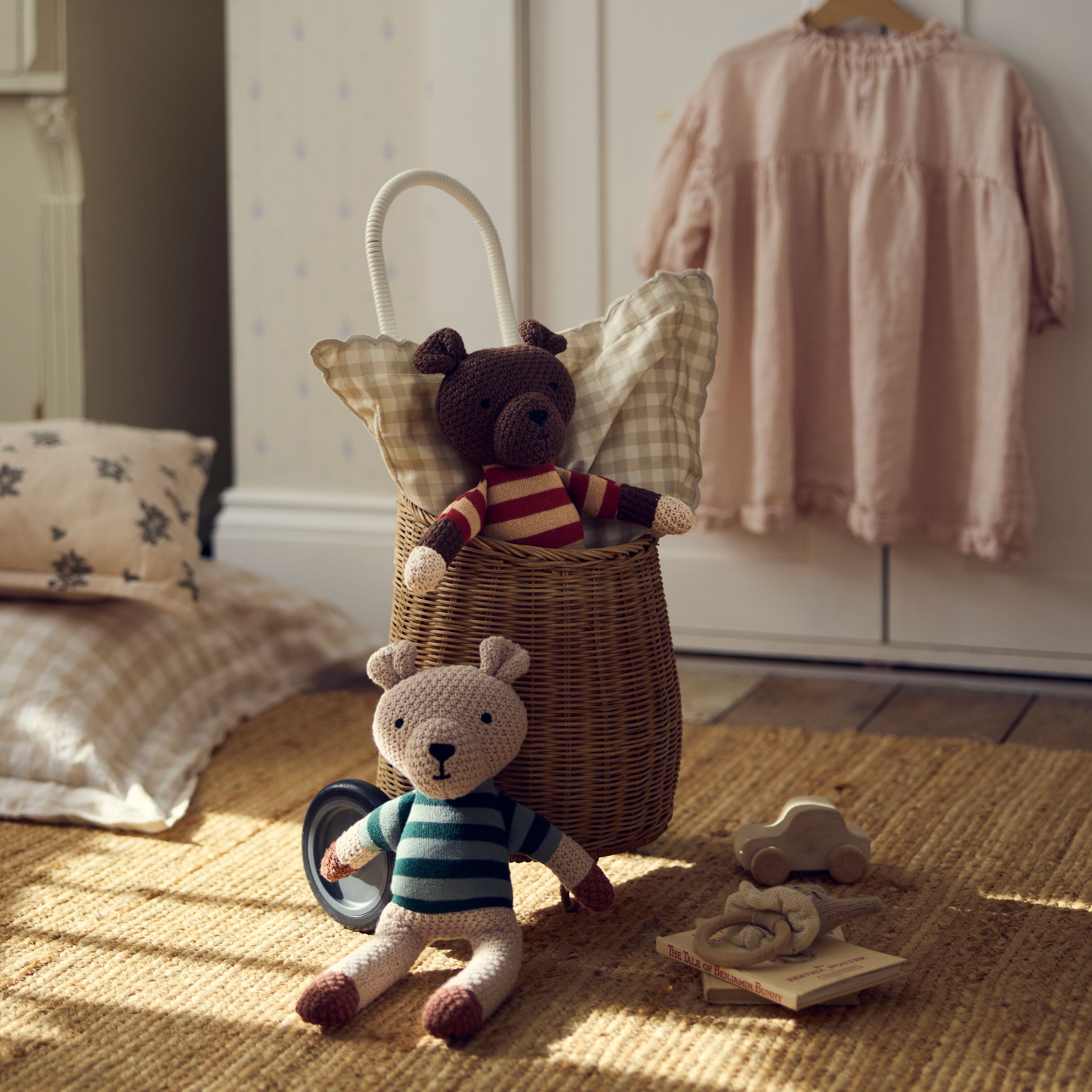 Sandstone Red Pembroke Stripe Knitted Bennie Bear - Soft Plush Teddy Bear for Kids & Adults - Perfect for Cuddling, Gifts, Nursery Decor & Photo Props