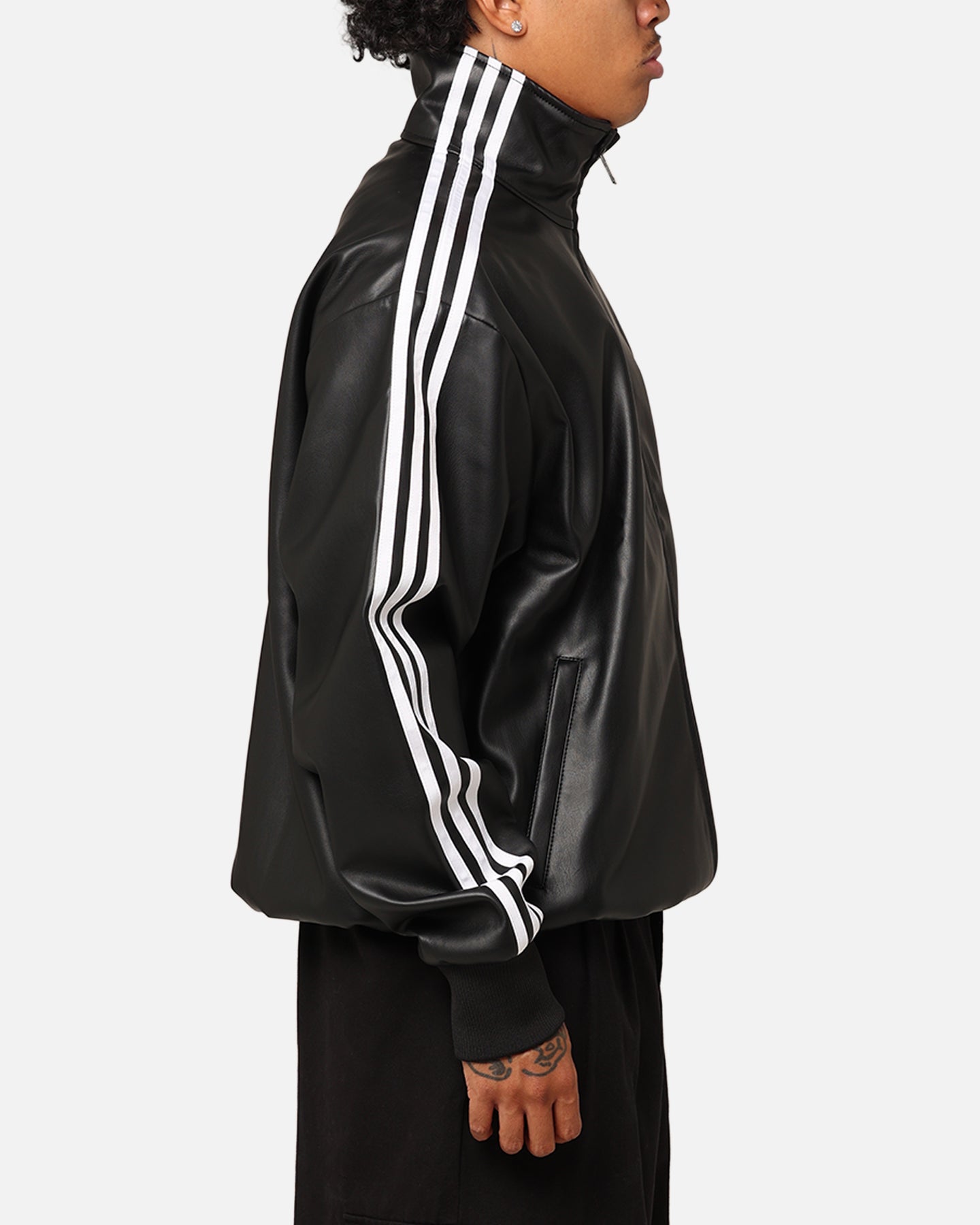 Adidas Faux Leather Adicolour 3 Stripes Loose Firebird Tracksuit Jacket - Black | Vintage-Inspired Athletic Jacket for Men & Women | Perfect for Gym, Running & Streetwear Fashion