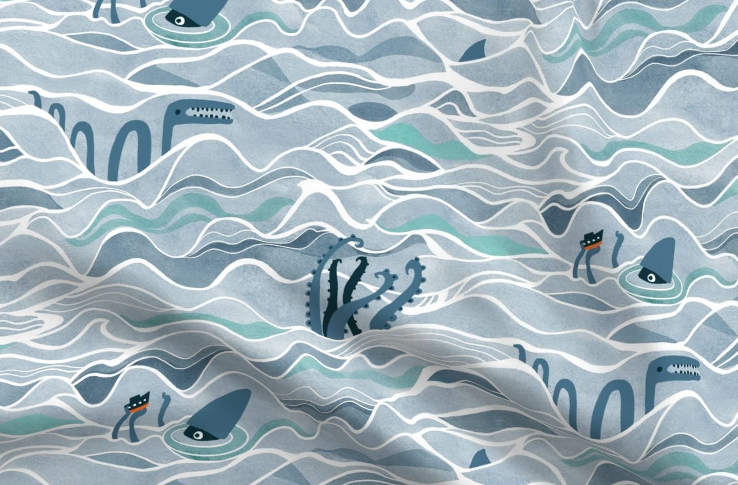 Premium Spoonflower Fabric - Blue Shark & Sea Monster Fantasy Wave Print on Soft Minky Fabric by The Yard - Perfect for Sewing Baby Blankets, Quilt Backing & Plush Toys | Ocean-Themed Nursery Decor & DIY Craft Projects