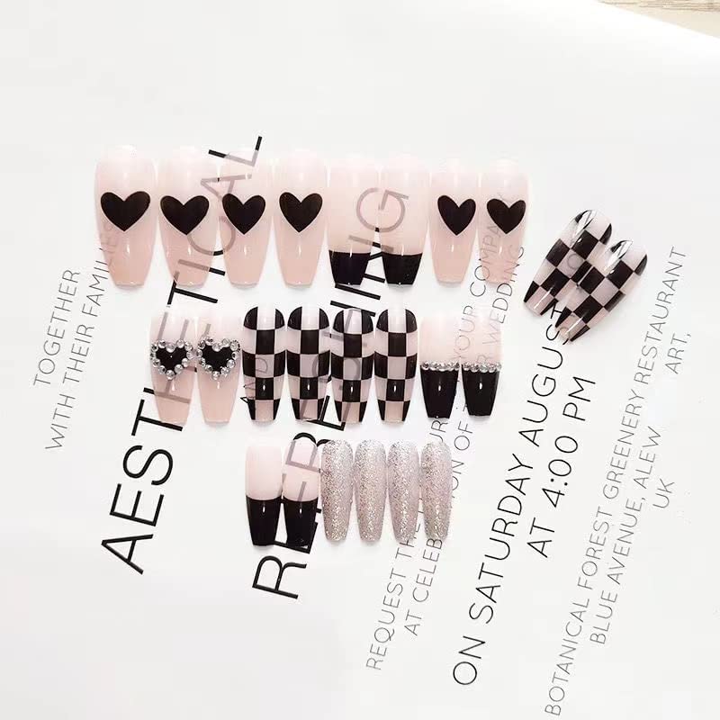24pcs Coffin Press on Nails - Glossy Acrylic False Nails with Black Heart Chessboard Design for Women & Girls, Easy DIY Manicure at Home or Party