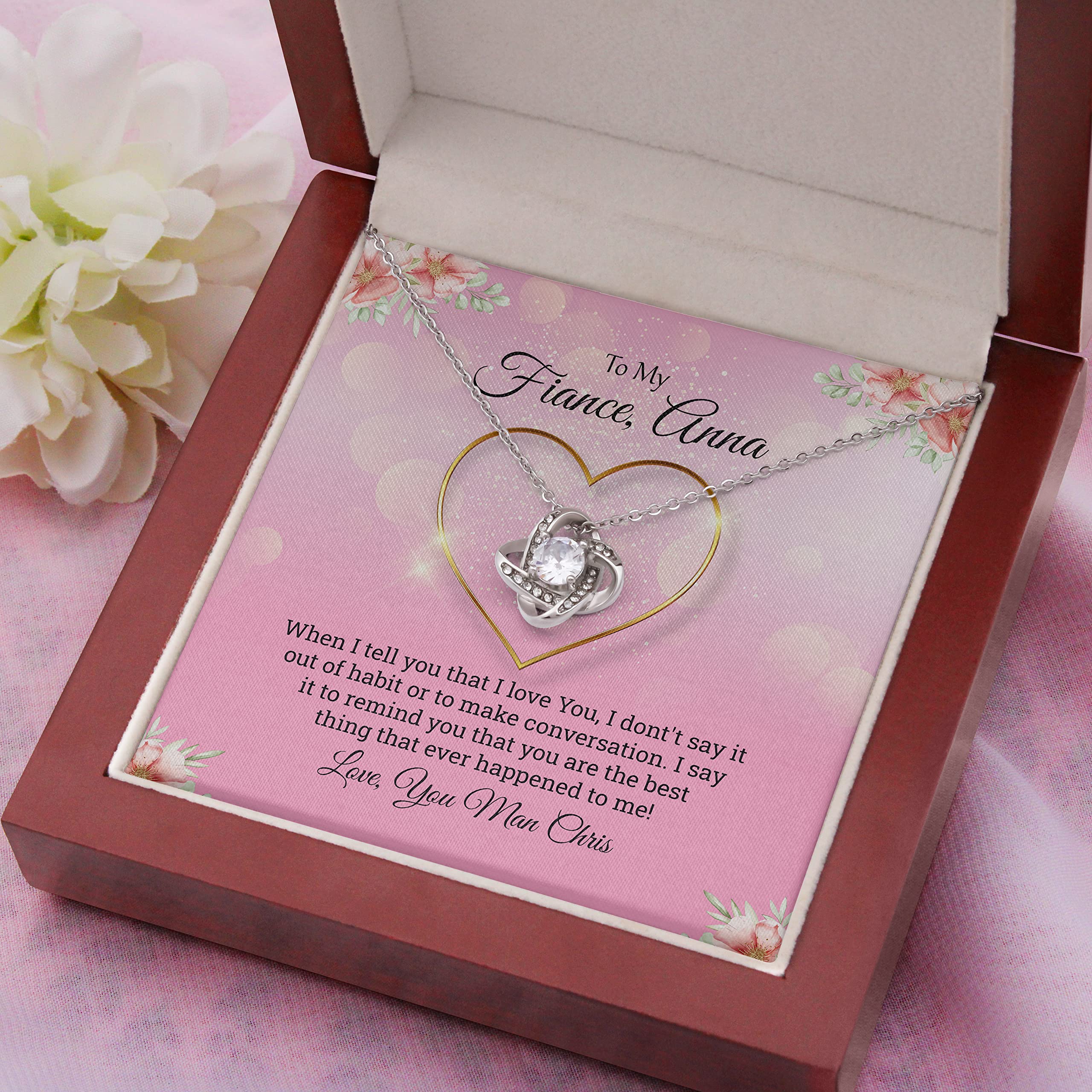 Personalized Love Knot Necklace for Fiancé - Engravable Couple Necklace with Message Card & Gift Box - Romantic Birthday, Anniversary, Christmas & Thanksgiving Jewelry Gift - Perfect for Proposals, Weddings & Special Occasions