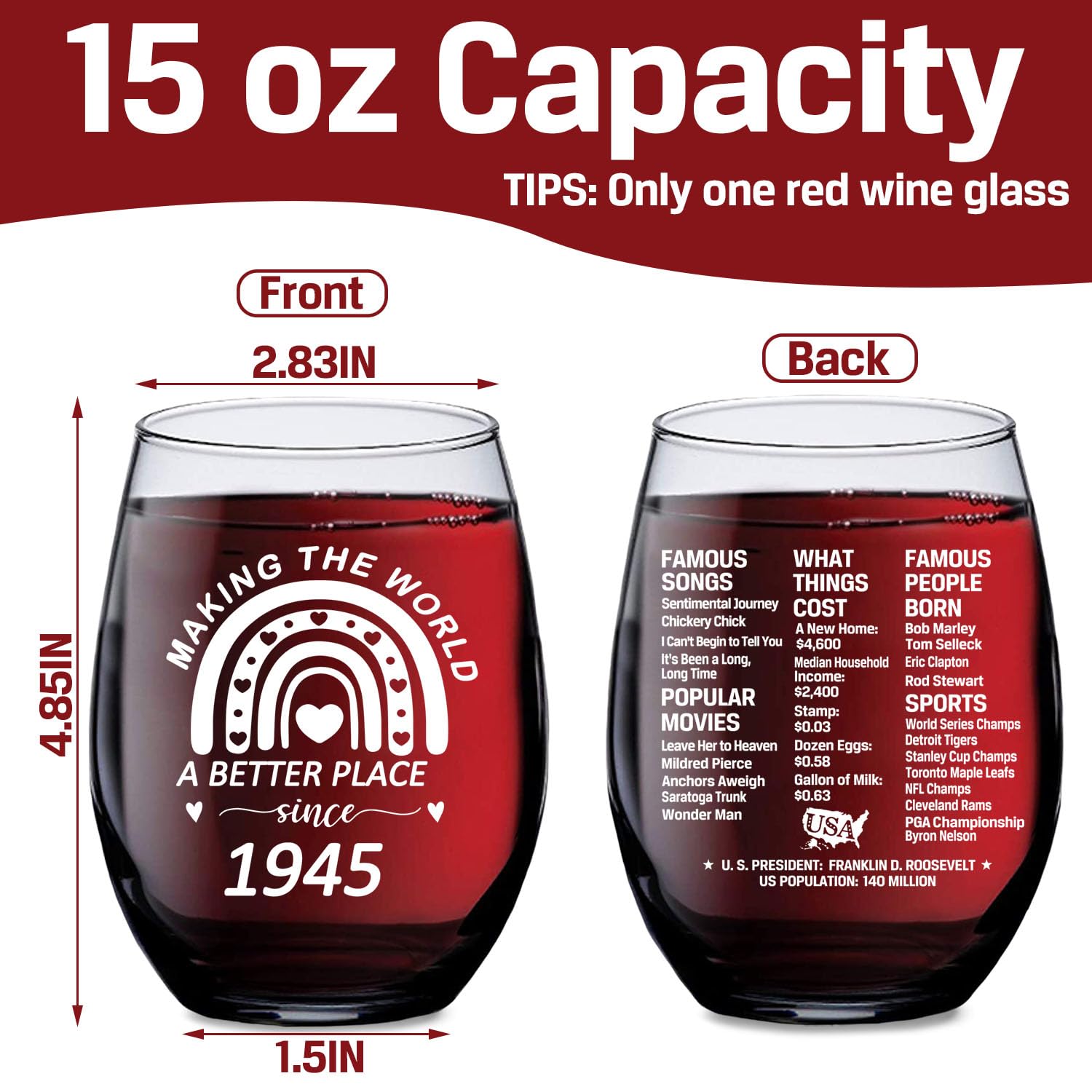 **Vintage 1945 Boho Stemless Wine Glass - 15 oz Funny 80th Birthday Gift for Women, Unique 80 Year Old Birthday Present - Perfect for Celebrations, Parties & Retro-Themed Gatherings**