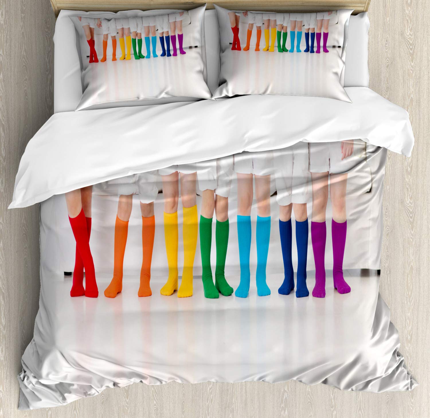 Ambesonne Colorful Duvet Cover Set - Rainbow Socks Pattern 3-Piece Queen Bedding with Pillow Shams | Pale Taupe Multicolor Art Print | Perfect for Kids' Rooms, Dorm Decor & Vibrant Home Styling