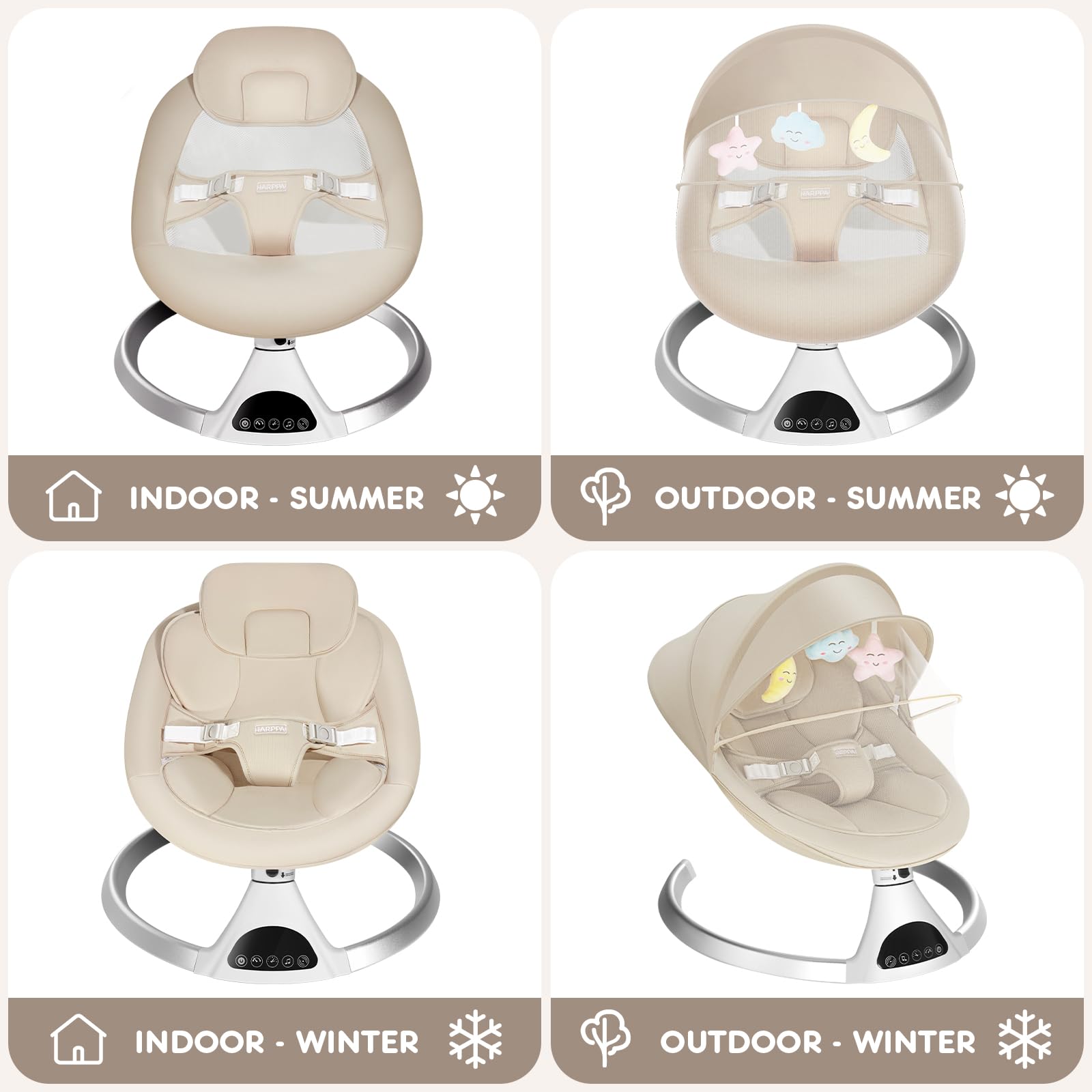 HARPPA Electric Baby Swing for Infants 0-12 Months - Portable Bluetooth Motorized Swing with 12 Lullabies, Auto Rocking & Adjustable Speeds - Perfect for Nursery, Travel & Soothing Newborns (Khaki)