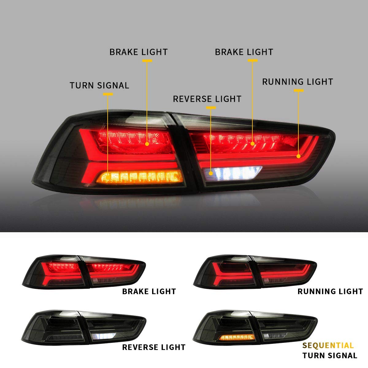 YUANZHENG Full LED Tail Lights Assembly for Mitsubishi Lancer EVO X Sedan 2008-2018 - Smoked Lens Sequential Turn Signal Rear Lamps (YAB-YS-0155BH) - Driver & Passenger Side Replacement - Perfect for Night Driving & Car Customization