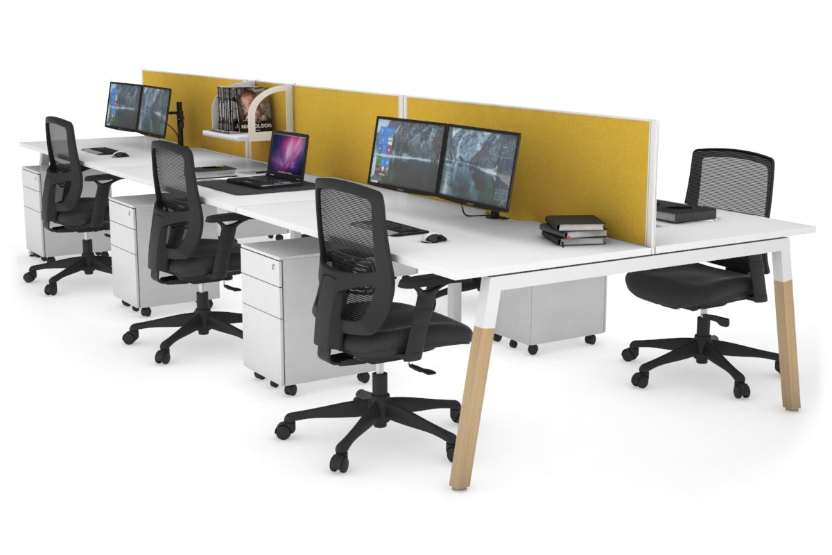 6-Person Quadro A Legs Office Workstation with Wood Legs & Cross Beam - 1600L x 800W with Cable Scallop - Perfect for Open Office Layouts & Collaborative Workspaces