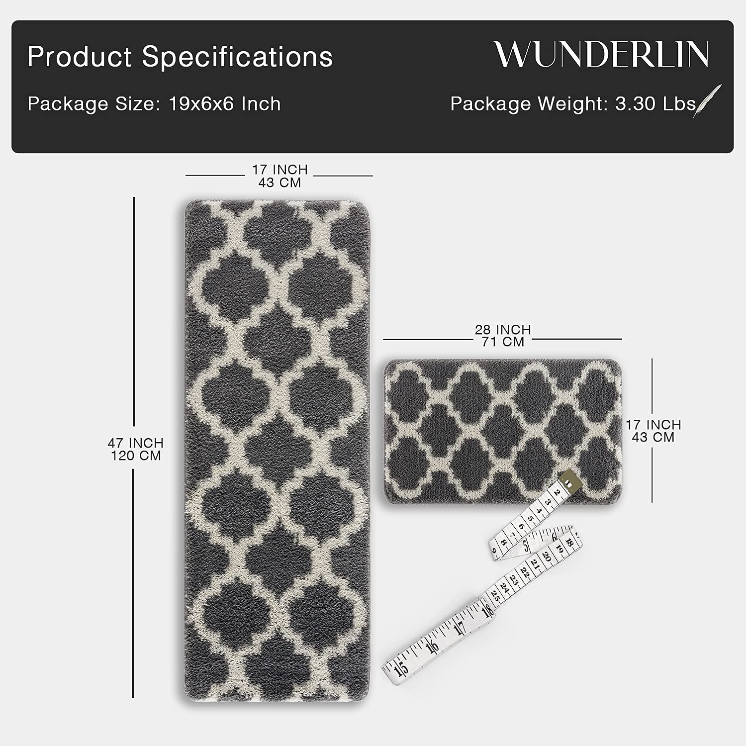 Wunderlin Soft Trellis Non-Slip Washable Kitchen Runner Rugs Set of 2 - Grey, Anti-Skid Floor Mat for Kitchen, Dining Room & High Traffic Areas