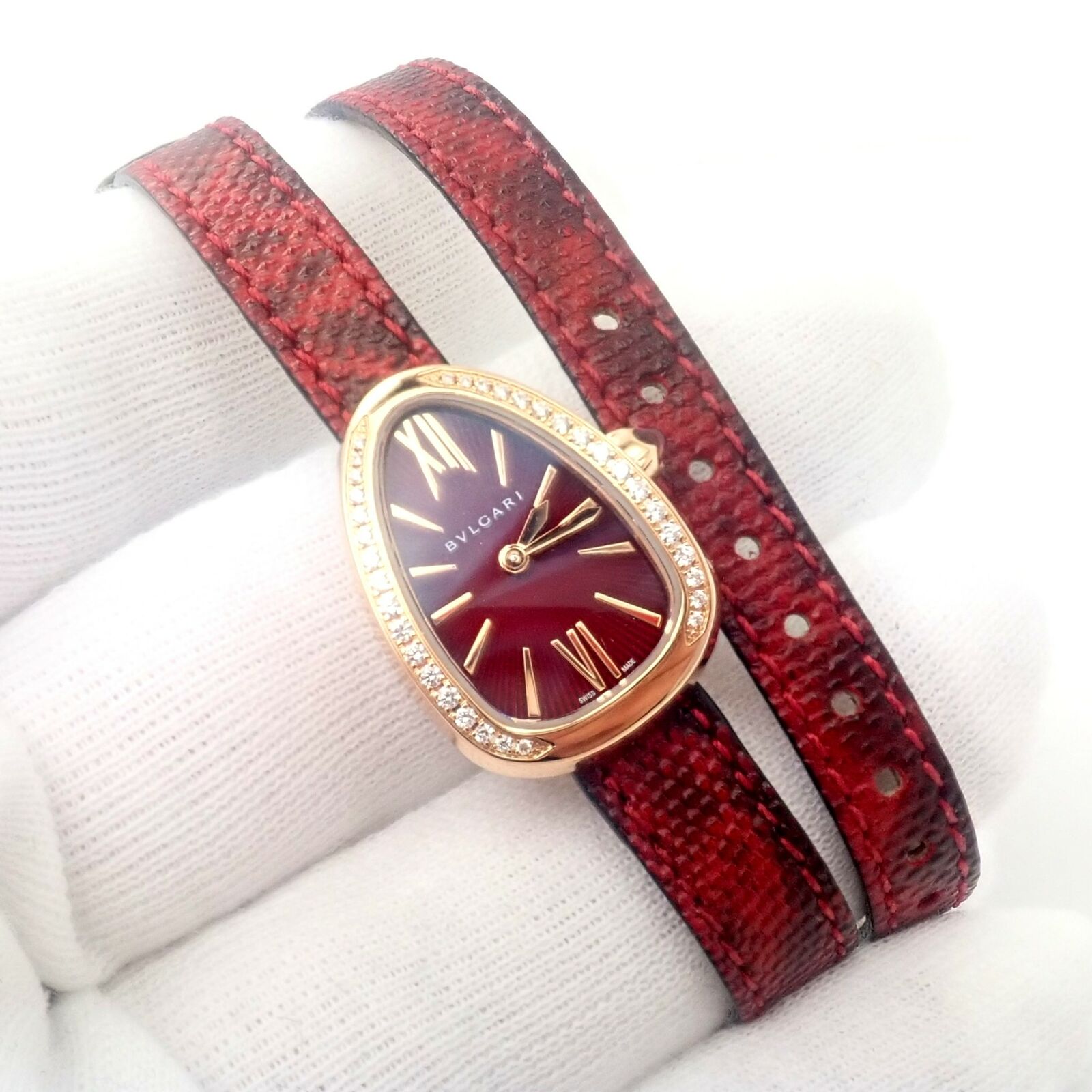 Bulgari Serpenti 18k Rose Gold Diamond Tubogas Watch with Red Snake Band & Tool - Luxury Women's Jewelry for Gifts & Special Occasions