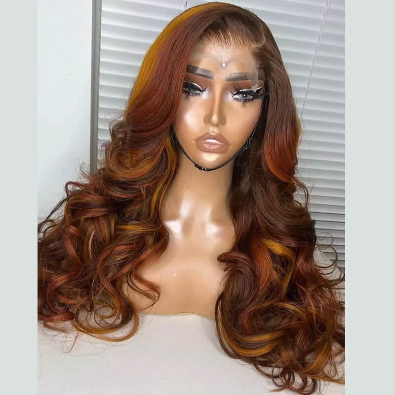 Eullair Mixed Color Highlights P4/Golden/Ginger Body Wave Lace Frontal Human Hair Wig - Natural Look for Daily Wear & Cosplay