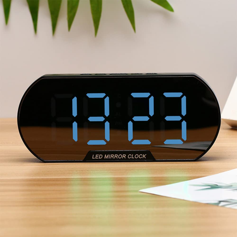 TEQIN LED Digital Alarm Clock - Modern Minimalist Design, Silent Operation with Blue Light Display for Bedroom, Office, Dorm & Living Room | Black Shell Mirror Clock for Students & Adults