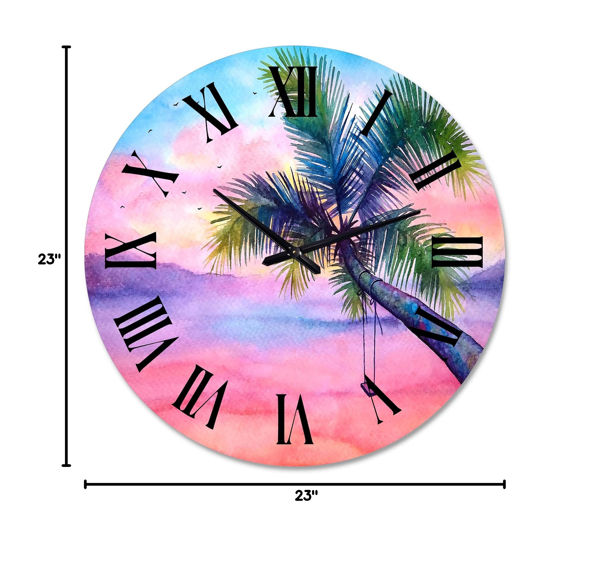 DesignQ Nautical Coastal Wall Clock - Pink Round Clock with Vivid Sunset Landscape, Palm Tree & Swing - Perfect for Living Room, Bedroom, or Beach House Decor