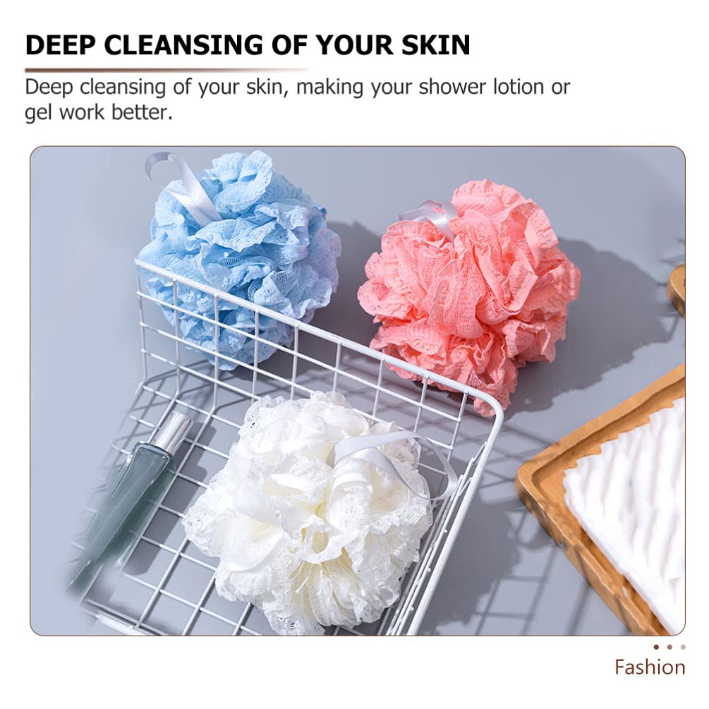 SOLUSTRE 3-Pack Soft Mesh Bath Sponges - Exfoliating Shower Pouf with Lace Design, Gentle Body Scrubber for Adults & Baby, Perfect for Daily Cleansing & Skin Care Routine (Blue/White/Pink) - Ideal for Sensitive Skin, Spa Days & Family Bath Time