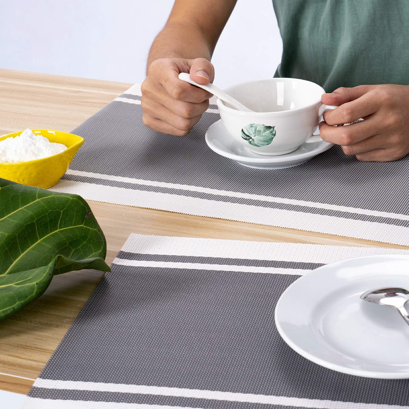Premium 6-Piece Washable Vinyl Placemats Set - Heat Resistant, Easy Clean Table Mats for Kitchen & Dining - Indoor/Outdoor Use (Grey-White) - Perfect for Family Dinners, BBQs, and Everyday Meals