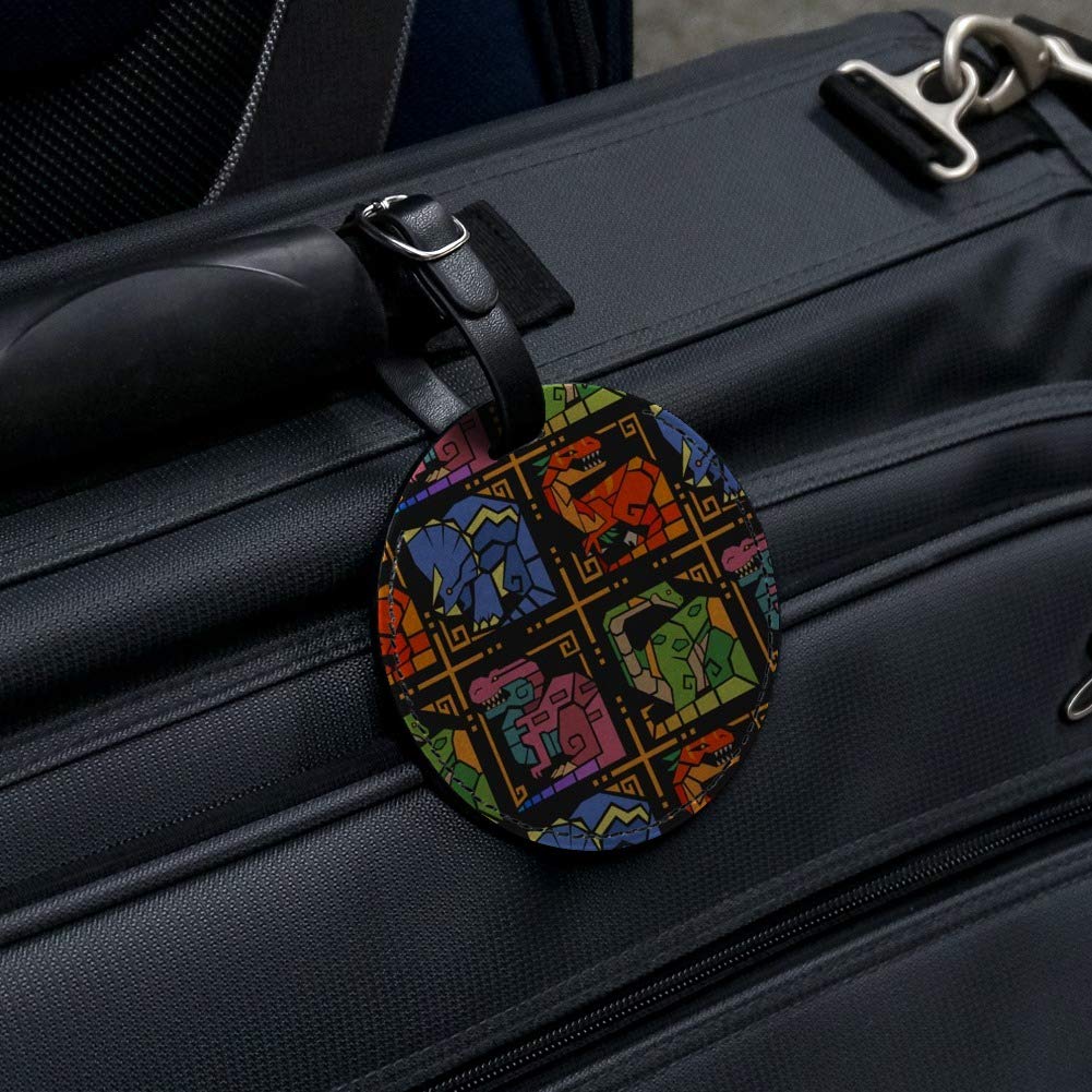 Aztec Mayan Style Geometric Dinosaur Leather Luggage Tag - Round ID Card Holder for Travel Bags, Suitcases & Backpacks - Perfect for Vacation, Business Trips & Adventure Travel