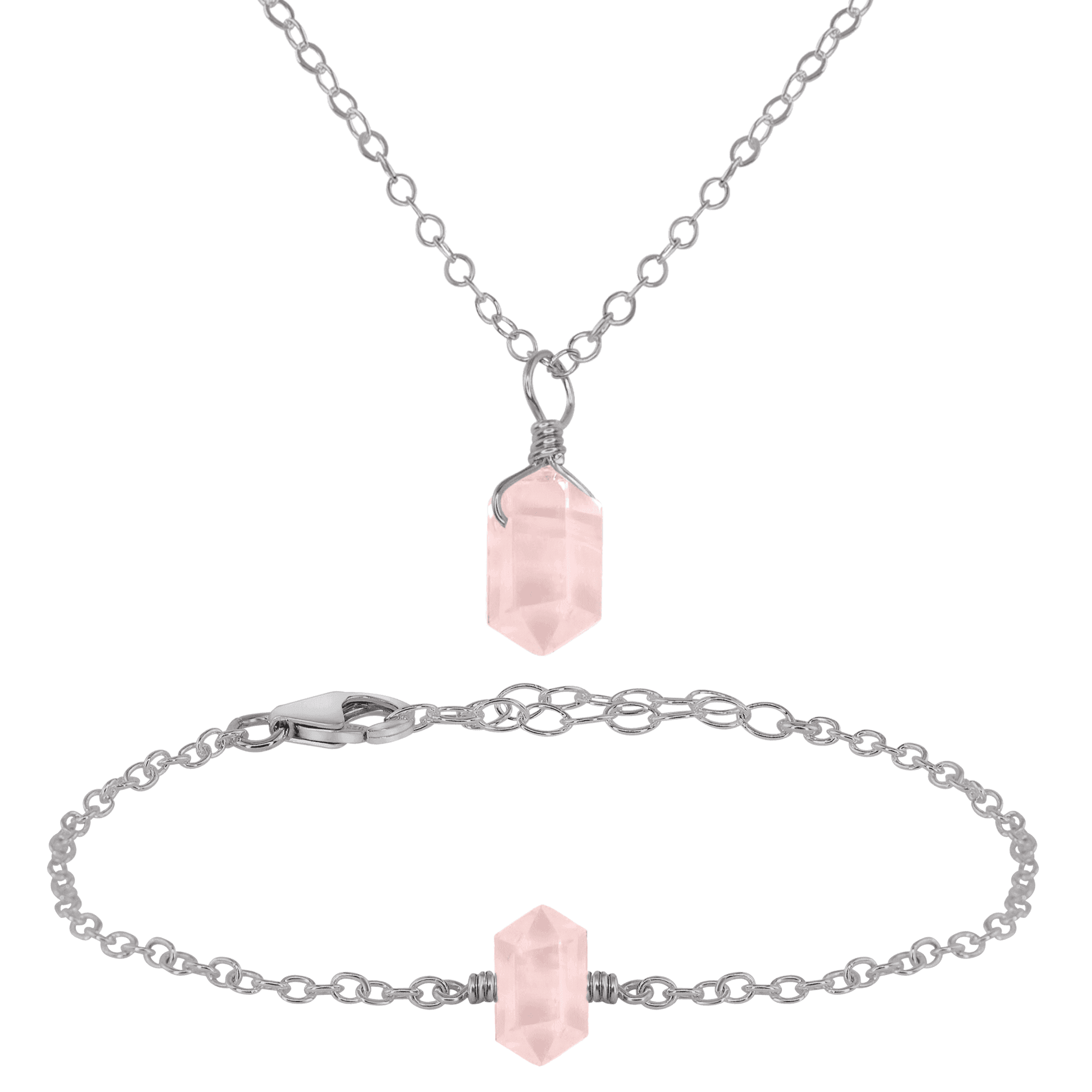 Rose Quartz Double Terminated Crystal Jewelry Set - Healing Stone Necklace & Earrings for Women - Perfect for Meditation, Energy Healing & Spiritual Gifts