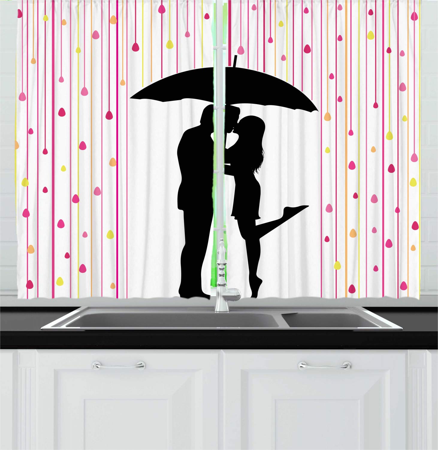 Ambesonne Romantic Couple Kissing Under Umbrella Kitchen Curtains - Abstract Colorful Raindrops Design, 2 Panel Set for Window Drapes (55