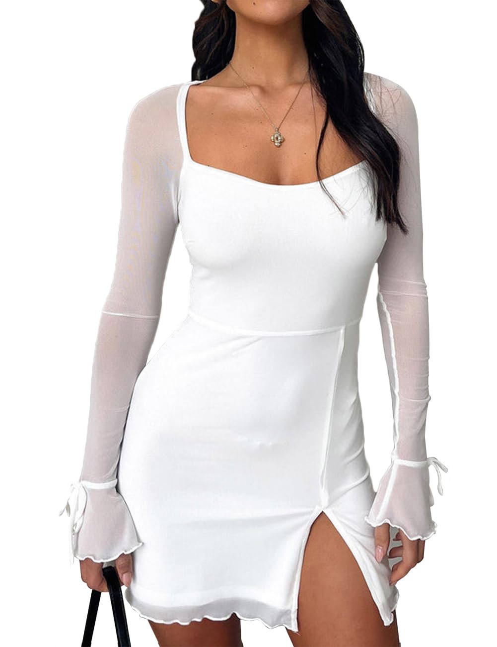 Lancifolium Women's Mesh Long Sleeve Square Neck Mini Dress - Elegant Cocktail Party Club Dress for Night Out, Date Night, and Special Occasions