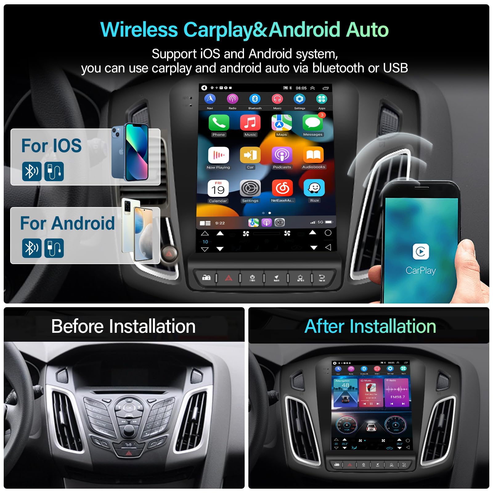 Ford Focus 2012-2018 Android 13 Car Stereo with Wireless Apple CarPlay & Android Auto - 9.7