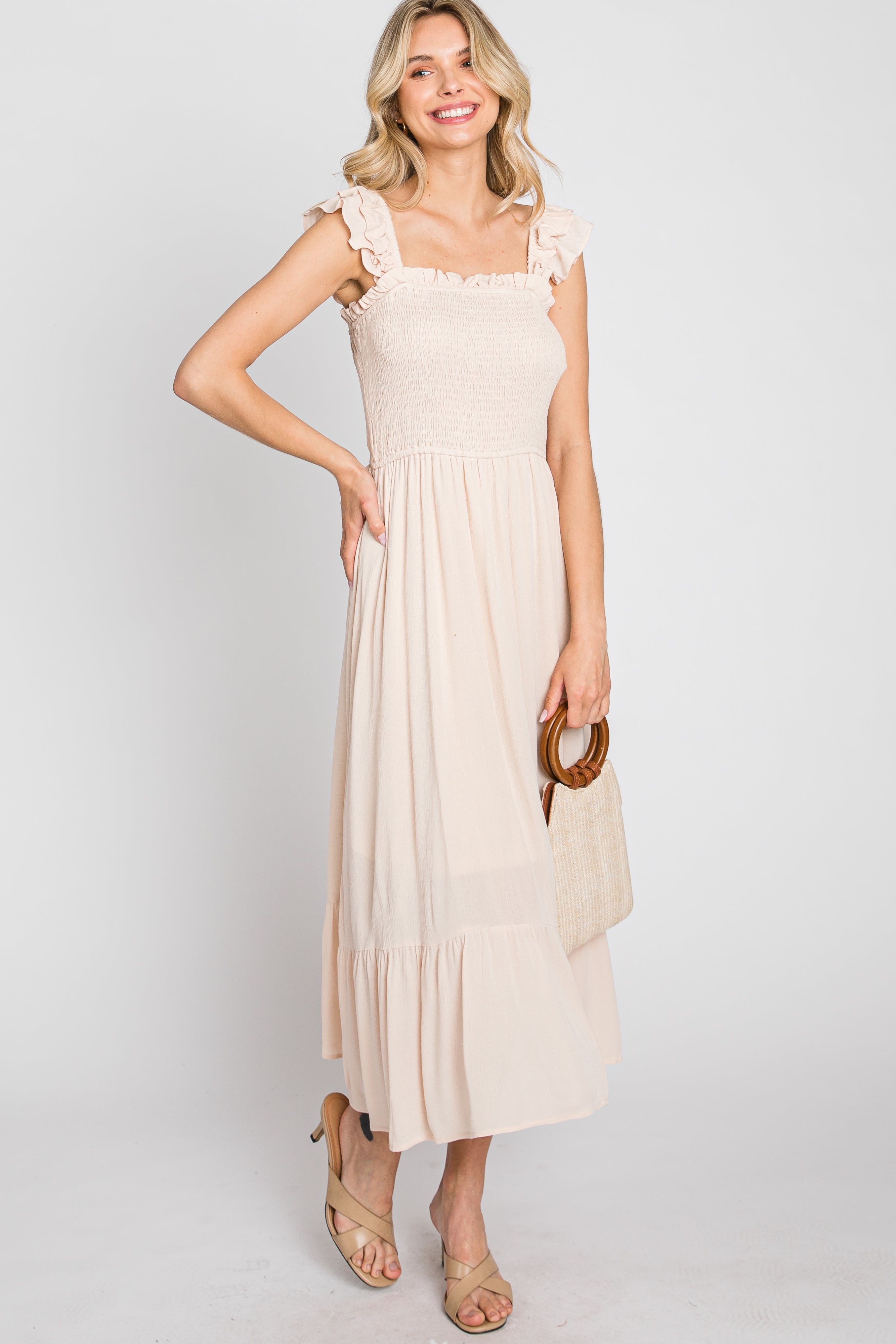 Beige Smocked Ruffle Sleeveless Midi Dress for Women - Summer Casual Beach Dress, Wedding Guest Outfit, Party & Vacation Wear