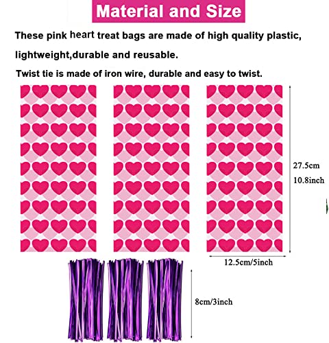 Valentine's Day Heart Shaped Cellophane Treat Bags with Twist Ties - Sweet Party Favor Goodie Bags for Candy, Chocolates, Cookies, Soap & Food - Perfect for Valentine Gifts, Classroom Treats & Wedding Favors
