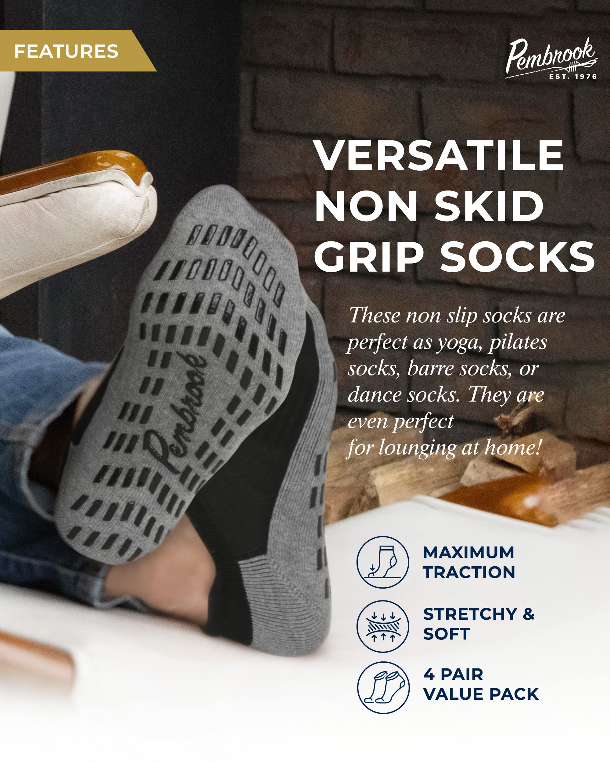 Non-Slip Yoga Socks for Men & Women - 4 Pairs Gripper Socks with Anti-Skid Soles for Pilates, Barre & Home Workouts | Breathable Unisex Grip Socks for Yoga, Gym & Indoor Activities