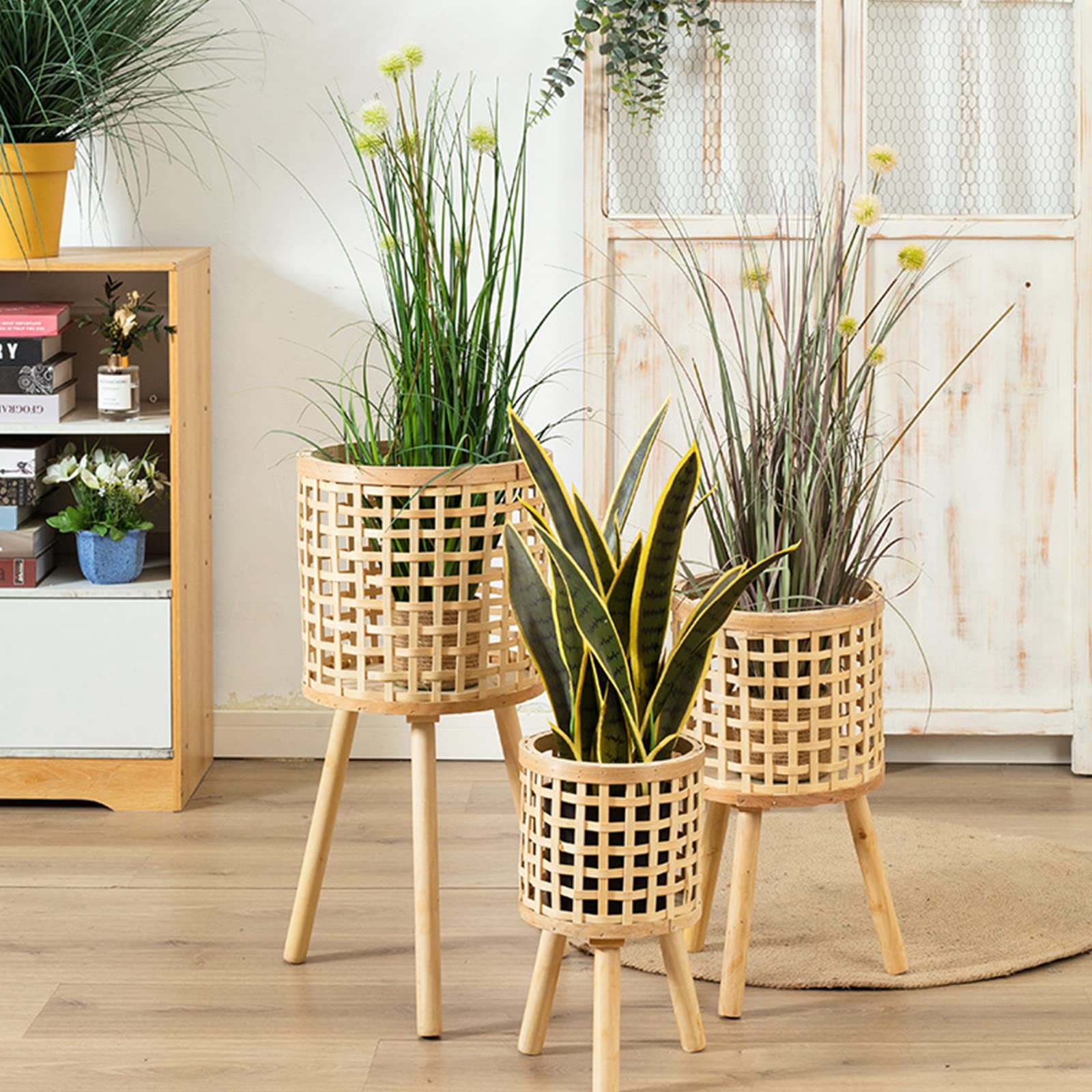 Natural Bamboo Woven Plant Pot Stand with Wooden Legs - Indoor Rattan Basket Flower Pot Holder - Boho Chic Floor Plant Stand for Home Decor, Living Room, Bedroom & Office Display (Khaki, Small)
