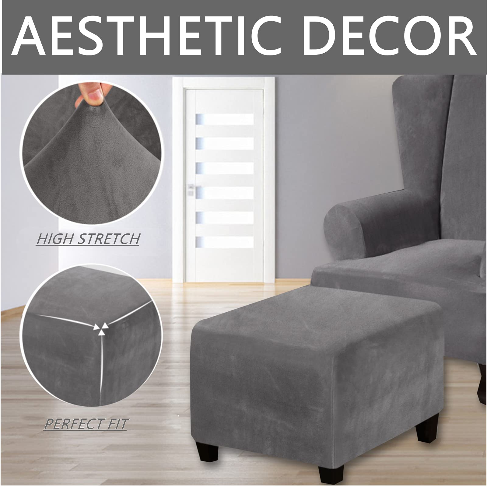 Stretch Velvet Ottoman Slipcover - Square Footstool Cover with Elastic Bottom for Folding Storage Ottoman, Grey - Perfect for Living Room, Bedroom & Home Decor