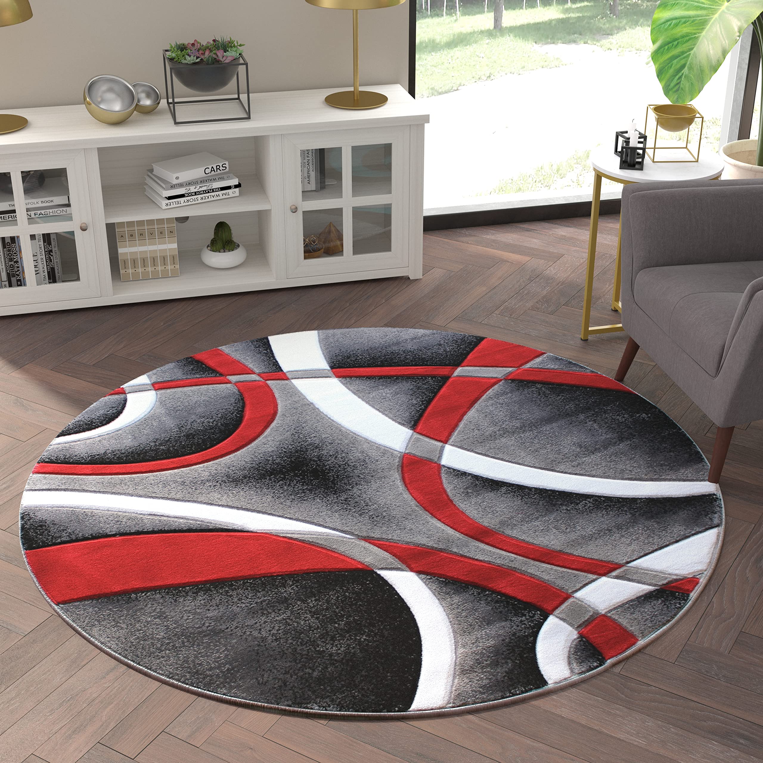 EMMA + OLIVER Cambre Olefin Accent Rug - Abstract Arch Design - 5x5 Round Soft Plush Rug with Jute Backing - Stain & Moisture Resistant - Easy to Clean - Perfect for Living Room, Bedroom or Office Decor