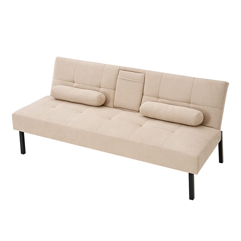 Panana Modern Convertible Futon Sofa Bed - Linen Fabric Upholstered, 5-Angle Adjustable with 2 Cup Holders, Beige | Space-Saving Daybed & Guest Bed for Small Apartments, Dorms & Home Offices