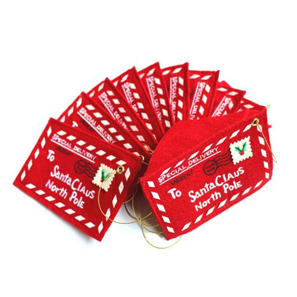10Pc Letter to Santa Claus Felt Envelope Embroidery Christmas Ornament Set - Red Holiday Gift Bags for Kids, Stocking Stuffers & Christmas Tree Decorations