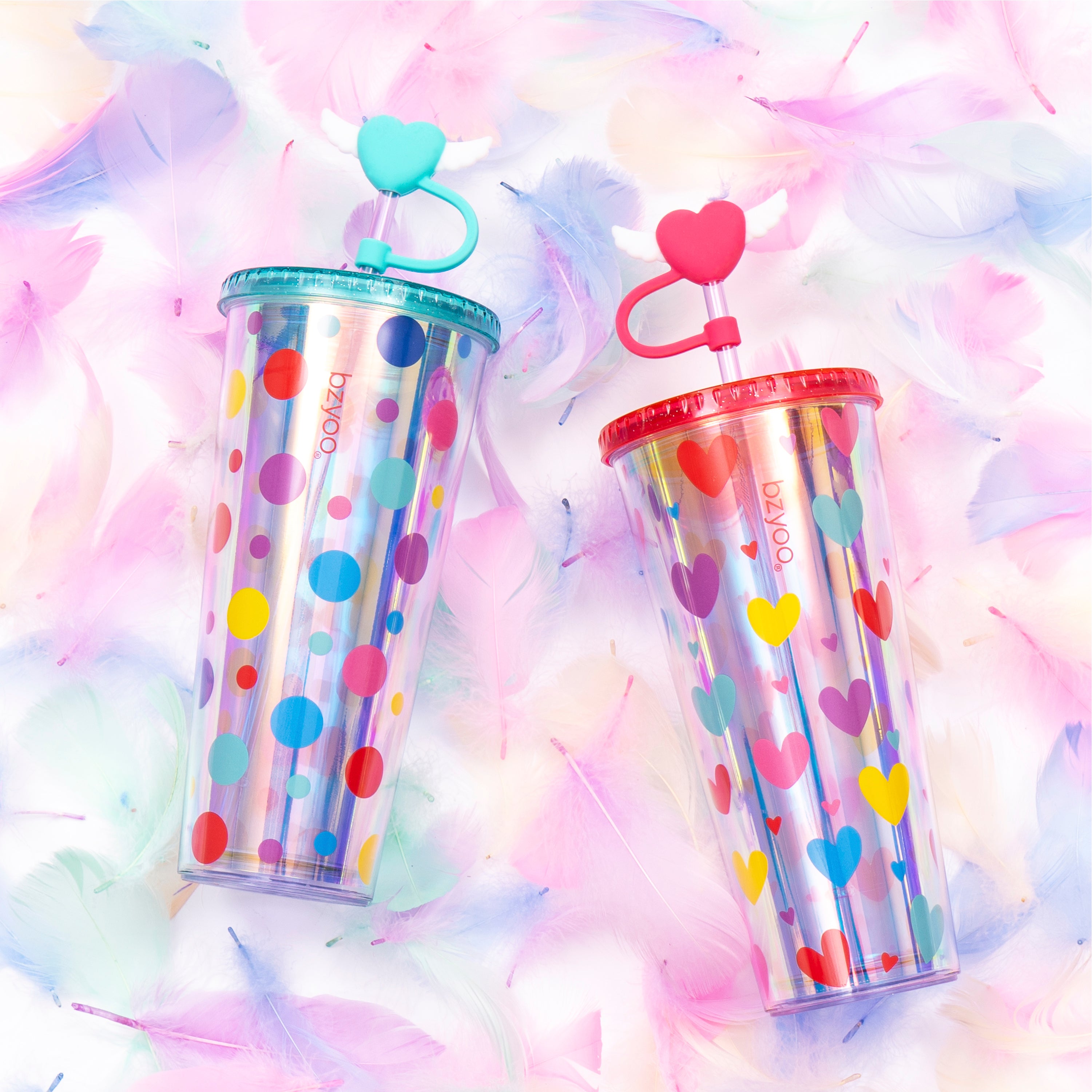 24oz Insulated Tumbler with Heart-Shaped Lid & Wing Straw - Cute Polka Dot Design - Perfect for Coffee, Iced Tea & Cold Drinks at Work, Gym or Travel