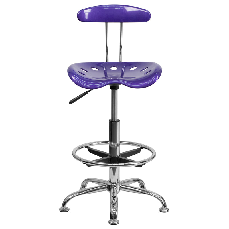 FLASH Bradley Vibrant Violet and Chrome Drafting Stool with Tractor Seat - Adjustable Height Bar Stool for Home Office, Art Studio & Industrial Workspaces