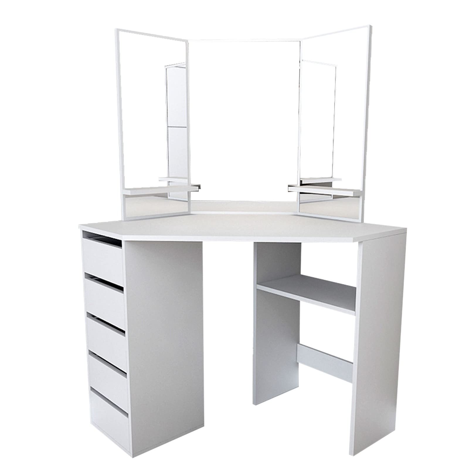FABFEGU 5-Drawer Wooden Corner Makeup Vanity Table with Three-Fold Mirror - Compact Dressing Desk for Small Bedrooms & Apartments - Perfect for Makeup Application, Skincare Routine and Hair Styling