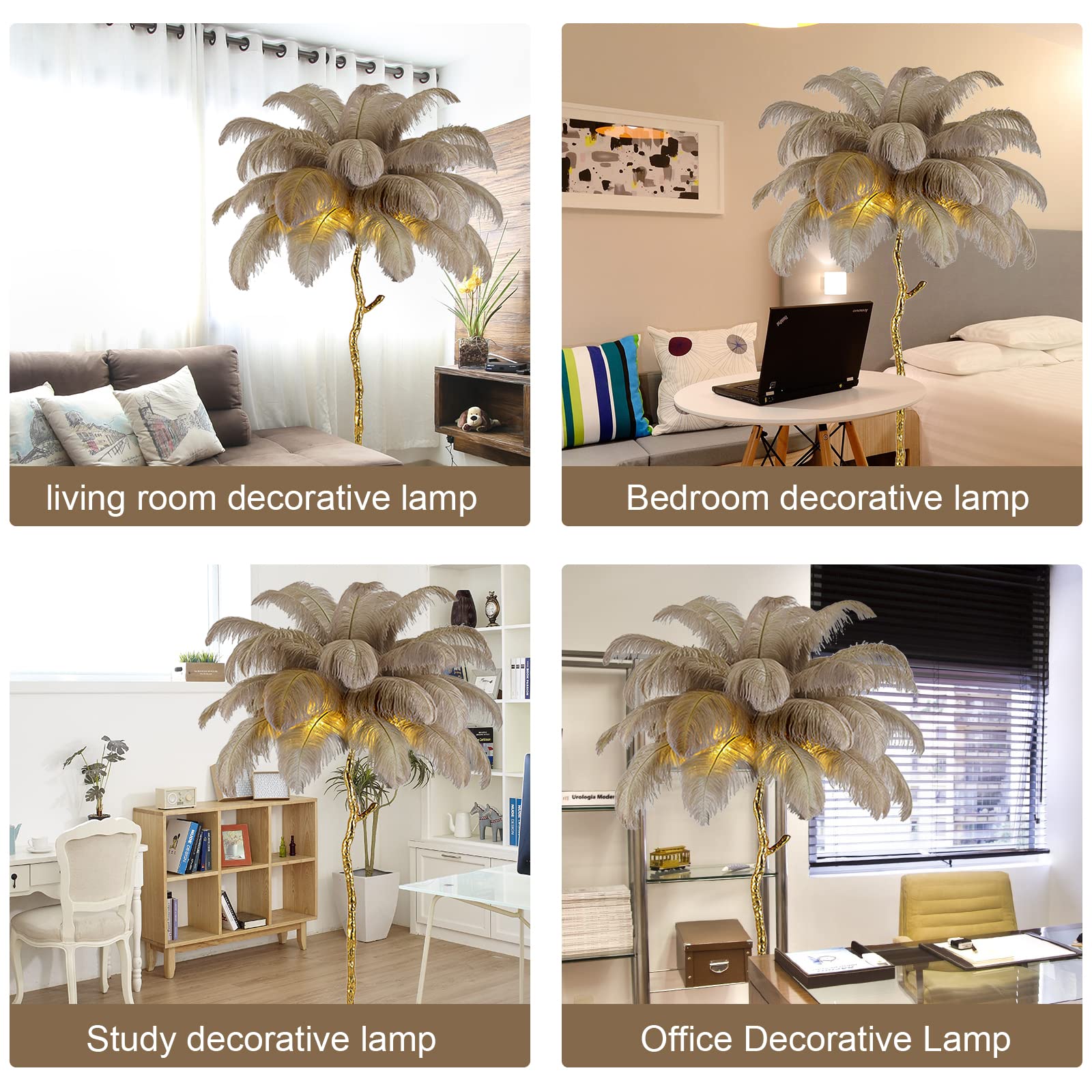 Natural Ostrich Feather Floor Lamp - Modern LED Dimmable Standing Light for Bedroom, Living Room & Office | 47-inch Tall Corner Lamp with Romantic Ambience | Perfect for Reading, Dining & Home Decor (Brown)