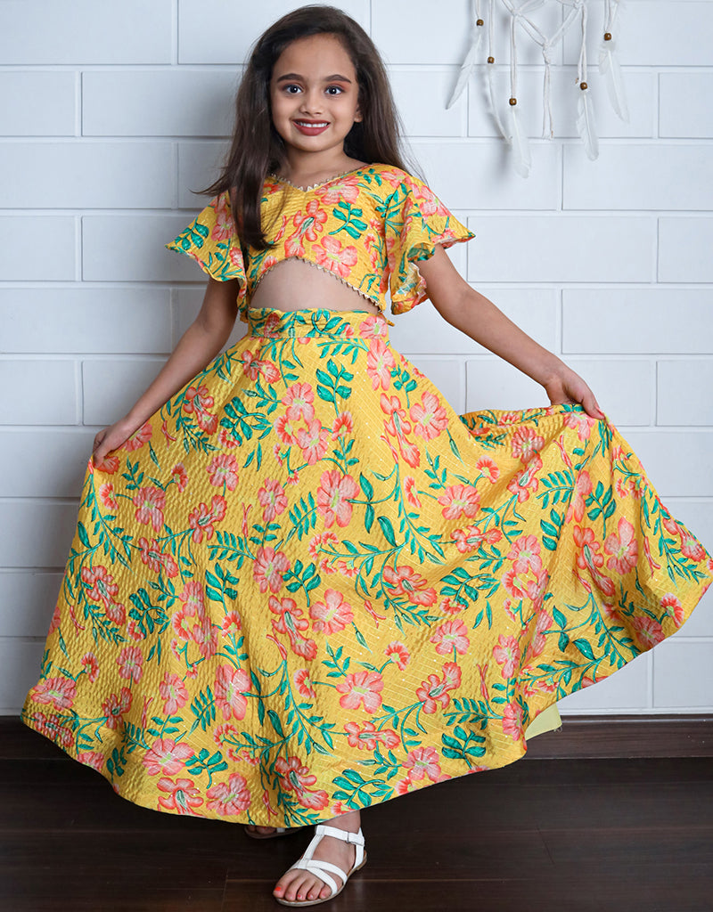 All-Season Designer Kids Lehenga Choli Set - Yellow Chinon Sequins Crochet with Digital Print for Festivals, Weddings & Special Occasions