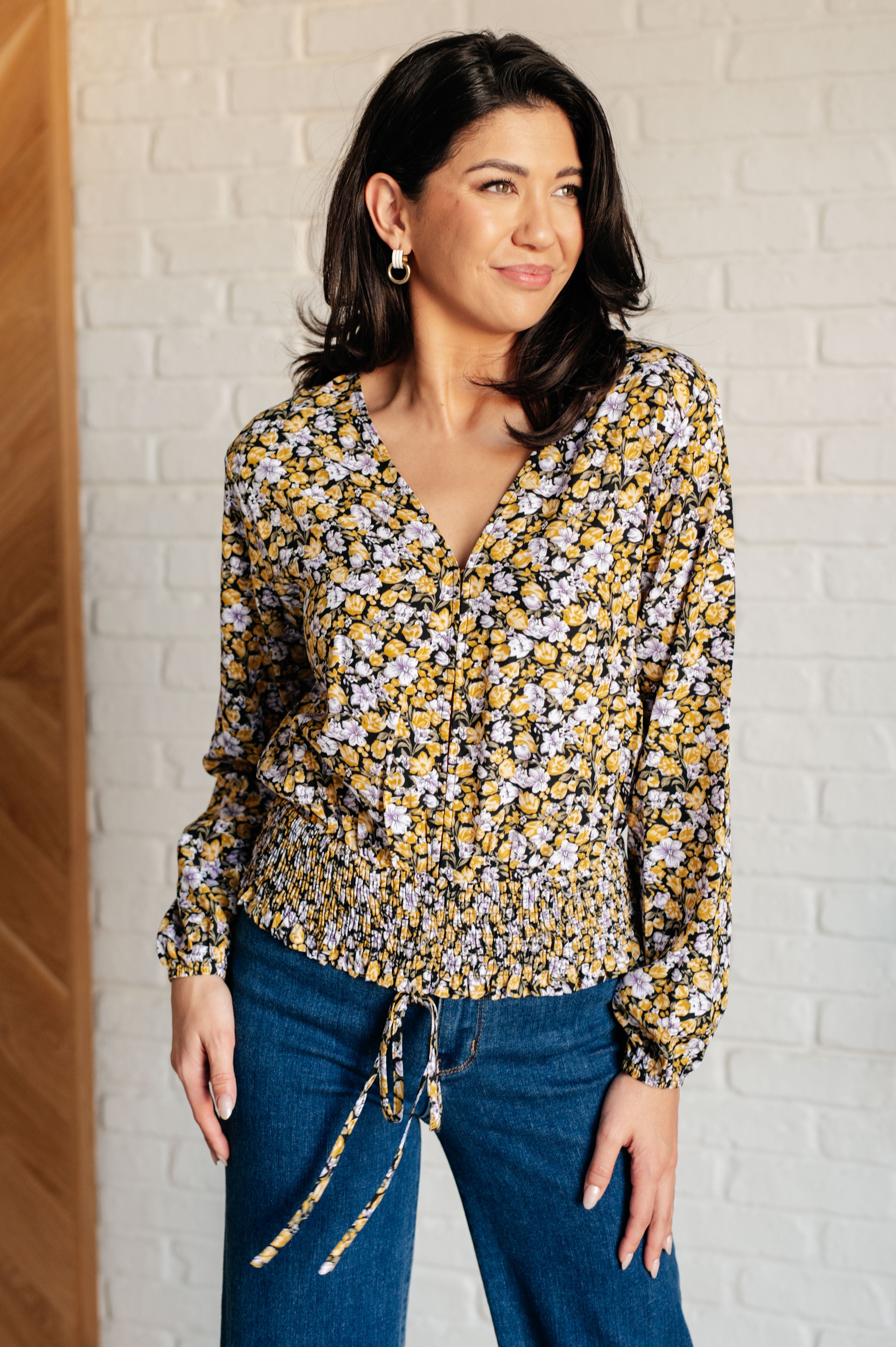 Honey Floral Smocked Blouse for Women - Elegant Black Blouse with Ruffled Sleeves & Floral Embroidery | Perfect for Spring Outfits, Date Nights & Office Wear