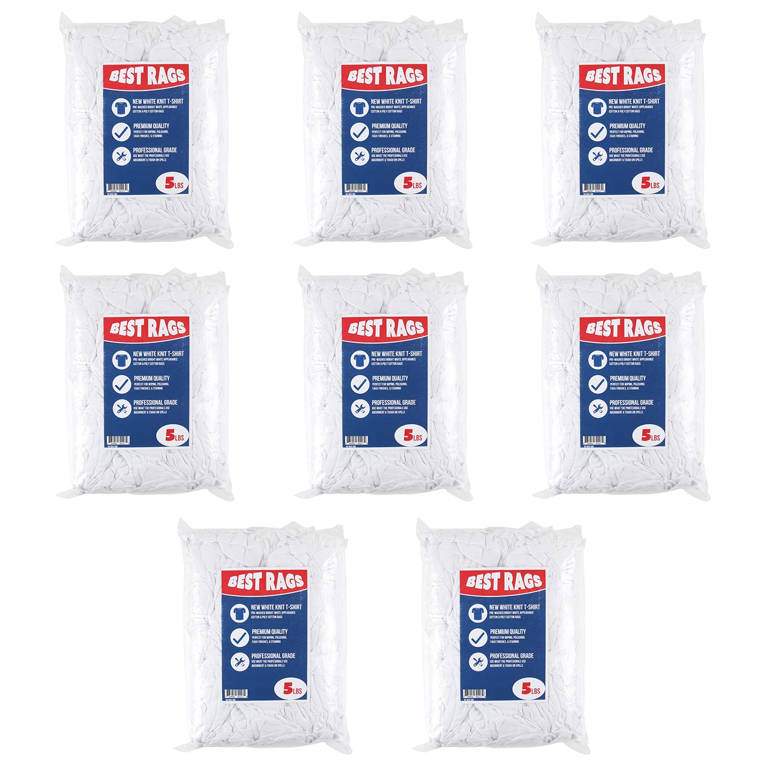 **Arkwright W43 Premium Cotton T-Shirt Rags - 5 lb Bulk Pack (8-Pack) - Ultra-Soft, Lint-Free Cleaning Cloths for Streak-Free & Scratch-Free Polishing, Painting, Staining - Professional Grade Wiping Towels for Home, Workshop & Auto Detailing - White**